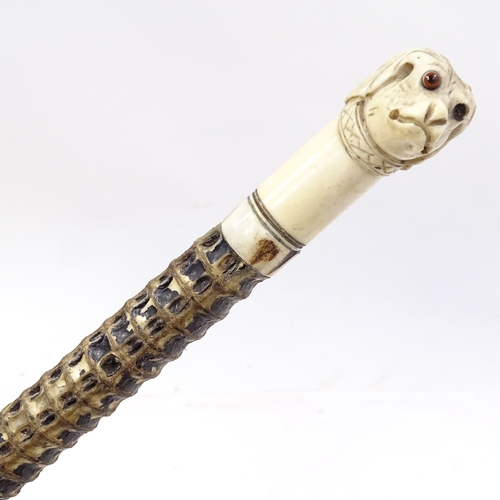 126 - A 19th century shark vertebrae walking stick with carved ivory dog's head handle (missing one eye)