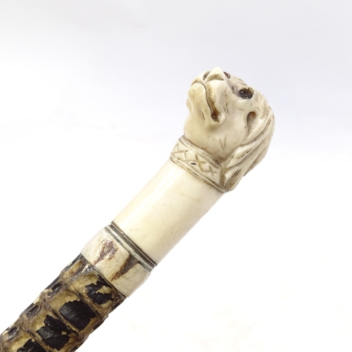 126 - A 19th century shark vertebrae walking stick with carved ivory dog's head handle (missing one eye)