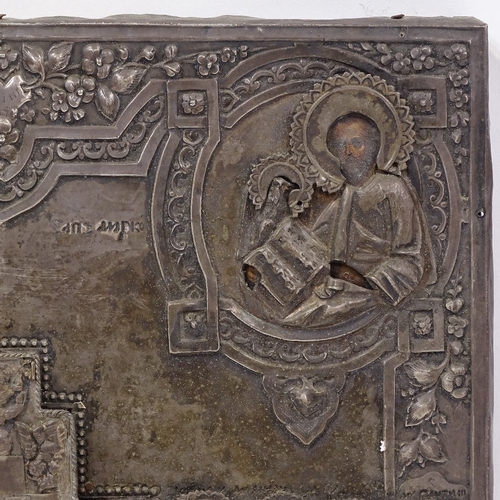 102 - A Russian silver-fronted icon, 18th or 19th century, relief moulded figures of the saints with Cyril... 