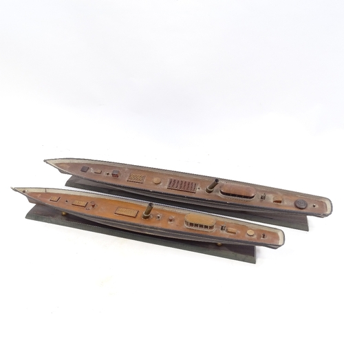 112 - 2 similar scratch-built painted wood hulled model steam boats, late 19th or early 20th century, on w... 