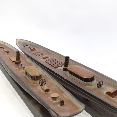 112 - 2 similar scratch-built painted wood hulled model steam boats, late 19th or early 20th century, on w... 