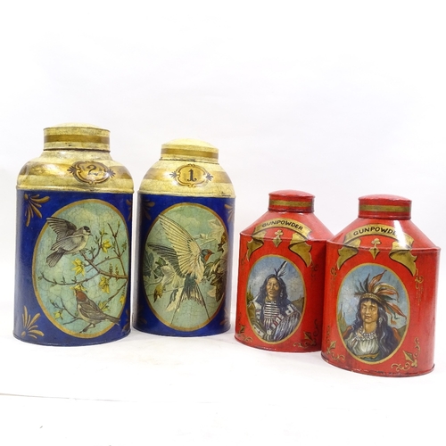 120 - 2 pairs of painted and gilded metal tea canisters, probably mid-20th century, height 44cm, and 33cm