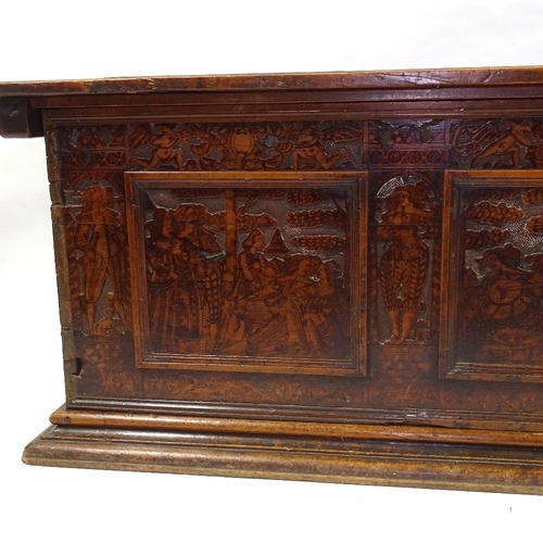 435 - A large Italian mid-16th century cedar cassone / marriage chest, of plank construction, relief carve... 