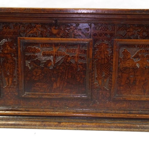 435 - A large Italian mid-16th century cedar cassone / marriage chest, of plank construction, relief carve... 