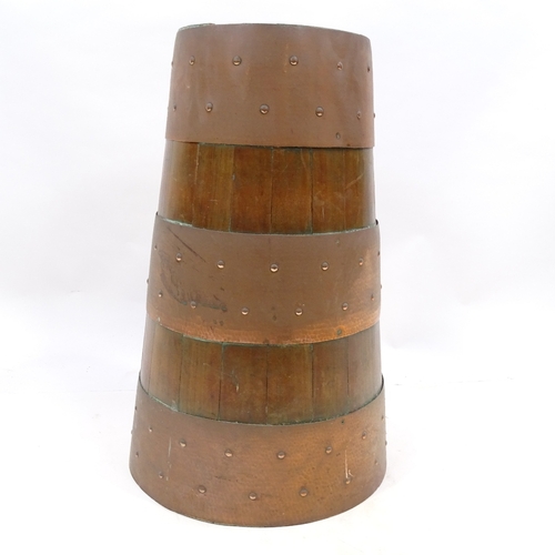 129 - A stained wood and copper-banded stick stand of tapered form, height 54cm, rim diameter 23cm