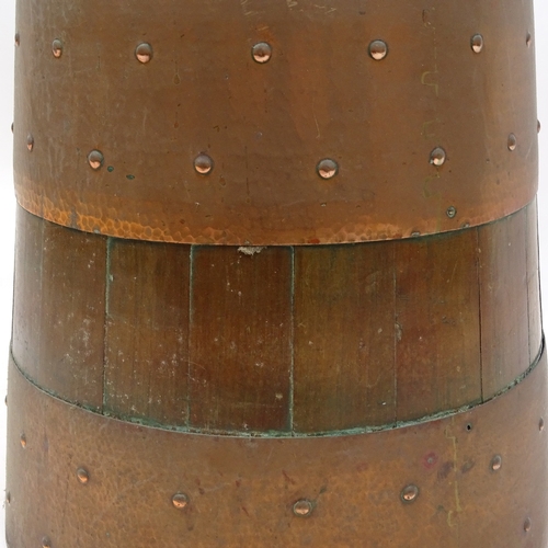 129 - A stained wood and copper-banded stick stand of tapered form, height 54cm, rim diameter 23cm