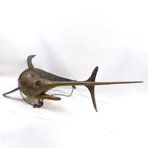 133 - A painted and gilded metal marlin, possibly a wall-mounted sign for a fish shop, length approx. 1.2m