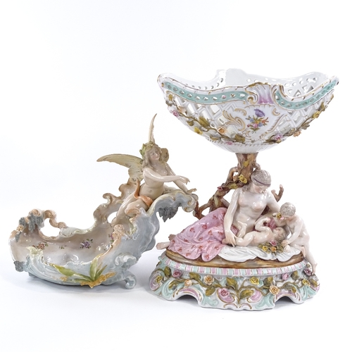 140 - A French porcelain table centre basket supported by Classical figures, circa 1900, height 28cm, and ... 