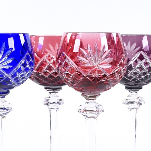 148 - A harlequin set of 6 colour overlay glass wine glasses, height 21.5cm