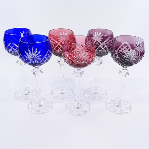 148 - A harlequin set of 6 colour overlay glass wine glasses, height 21.5cm