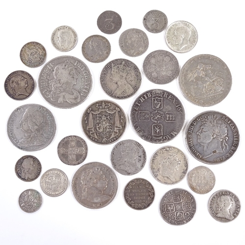 153 - A collection of British silver coins, 17th - 20th century, also 3 George III Irish Bank tokens