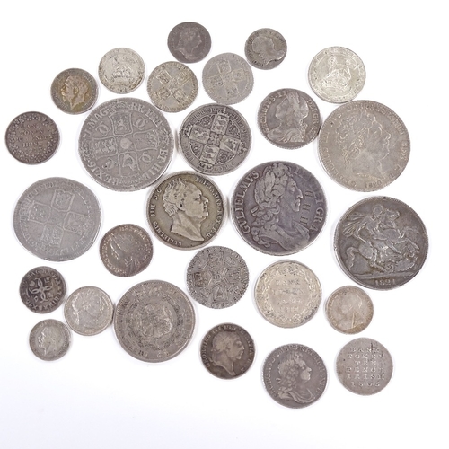 153 - A collection of British silver coins, 17th - 20th century, also 3 George III Irish Bank tokens