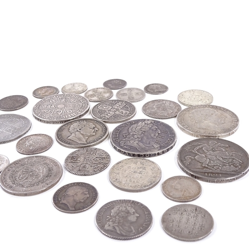 153 - A collection of British silver coins, 17th - 20th century, also 3 George III Irish Bank tokens