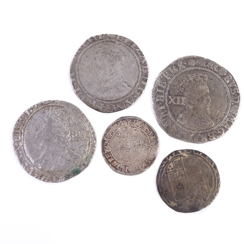 166 - 3 hammered silver shillings, Elizabeth I, James I, and Charles I, also an Elizabeth I threepence, an... 