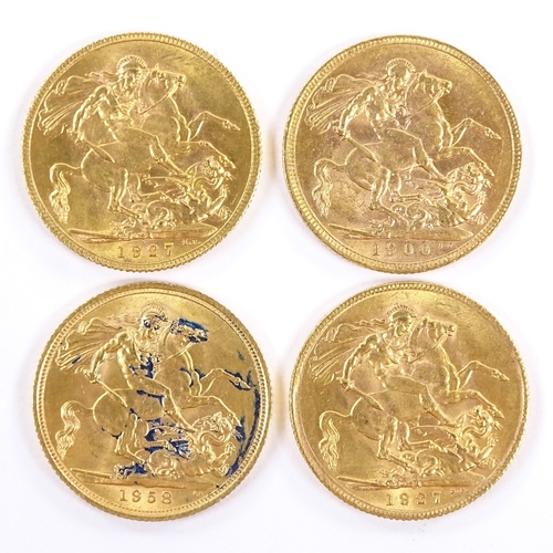 173 - 4 gold sovereigns, 1900, 1927 (2), and 1958