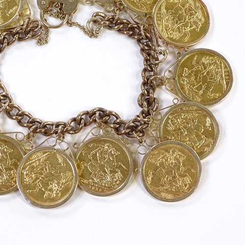 178 - 13 gold sovereigns mounted on a 9ct gold charm bracelet, gross weight 144g