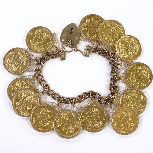 178 - 13 gold sovereigns mounted on a 9ct gold charm bracelet, gross weight 144g