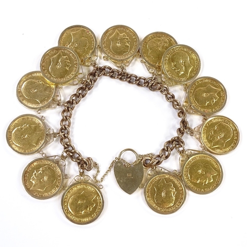 178 - 13 gold sovereigns mounted on a 9ct gold charm bracelet, gross weight 144g