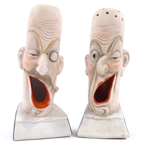 184 - A pair of early 20th century French porcelain novelty caricature design cigarette holders, height 12... 