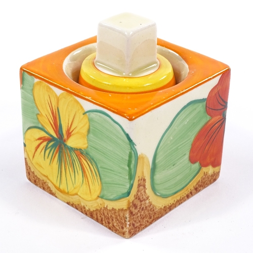 197 - A Clarice Cliff for Newport Pottery Bizarre Nasturtium pattern cube shape inkwell, model no. 458, wi... 