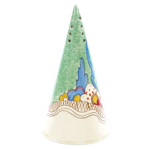 199 - A Clarice Cliff for Wilkinson Chalet pattern conical sugar shaker, height 14cm