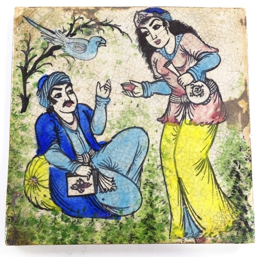 391 - A Persian hand painted ceramic tile, 24cm x 24cm