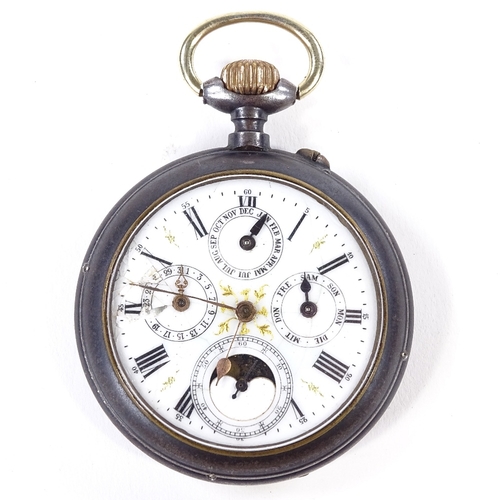 457 - A Vintage gun metal-cased open-face top-wind full calendar pocket watch, white enamel dial with Roma... 