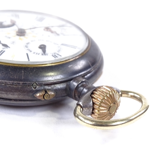 457 - A Vintage gun metal-cased open-face top-wind full calendar pocket watch, white enamel dial with Roma... 