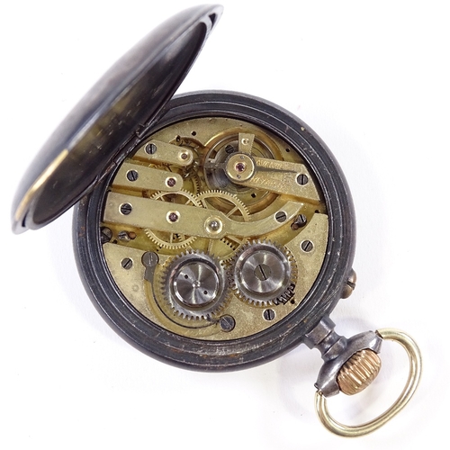 457 - A Vintage gun metal-cased open-face top-wind full calendar pocket watch, white enamel dial with Roma... 