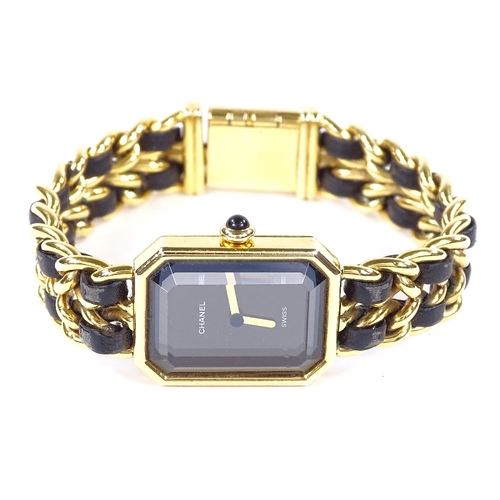 465 - CHANEL - a lady's gold plated and leather Premiere quartz wristwatch, ref. 4 83 01 1002, octagonal b... 