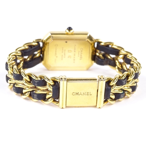 465 - CHANEL - a lady's gold plated and leather Premiere quartz wristwatch, ref. 4 83 01 1002, octagonal b... 