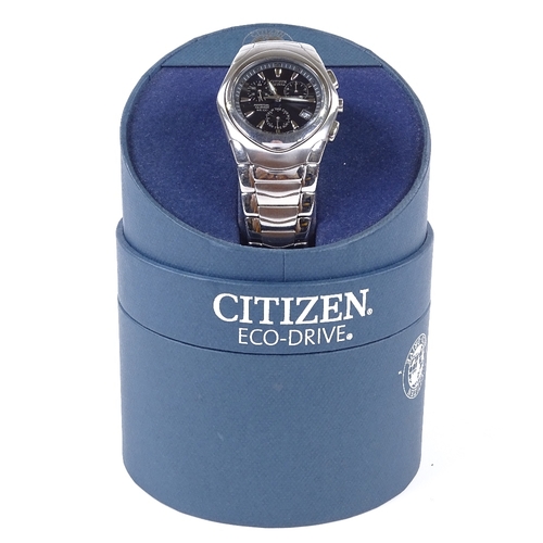 CITIZEN - a stainless steel Eco-drive WR100 perpetual calendar quartz  chronograph wristwatch, ref. E