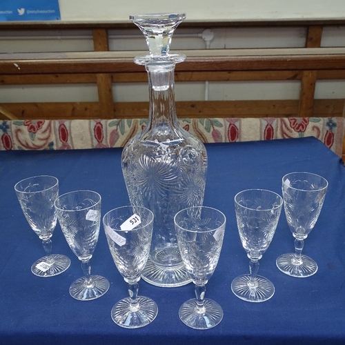 531 - A cut-glass decanter and stopper with grapevine design, 32cm, and 6 matching glasses