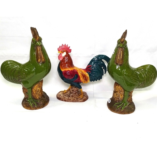 534 - A pair of Italian cockerels, 31cm, and a Leghorn cockerel