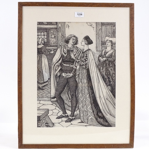 1236 - George Wooliscroft Rhead, pen and ink drawing, Medieval interior scene, signed with monogram, 17