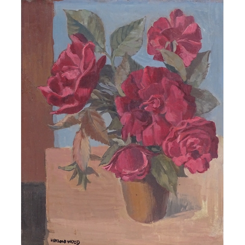 1245 - Harold Wood, oil on board, still life pot plant, signed, 11