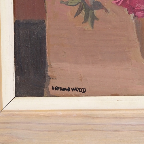 1245 - Harold Wood, oil on board, still life pot plant, signed, 11