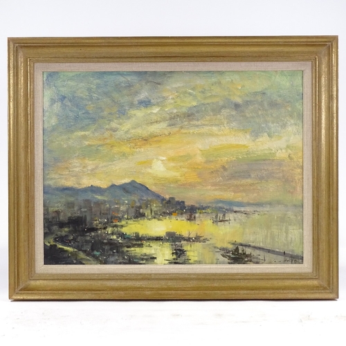 1247 - Ian Houston, oil on board, Sundown Hong Kong, signed, 18