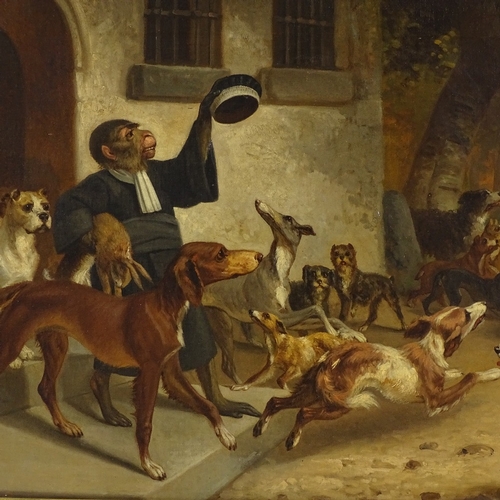 1248 - 19th century oil on canvas, hounds with monkey hunt master, unsigned, 18