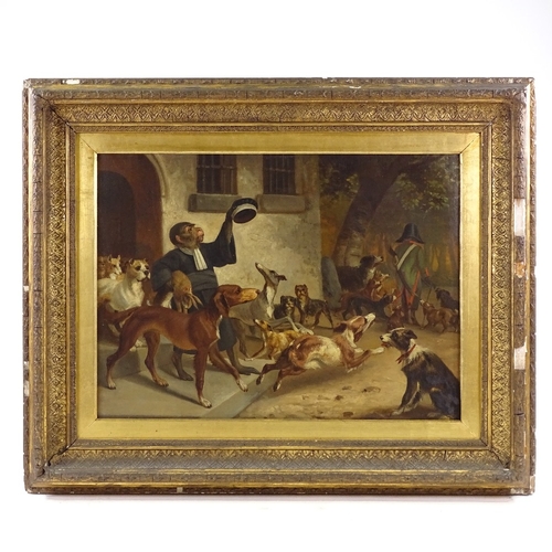 1248 - 19th century oil on canvas, hounds with monkey hunt master, unsigned, 18