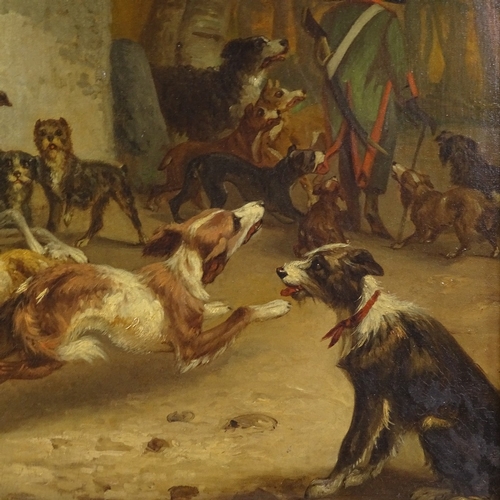 1248 - 19th century oil on canvas, hounds with monkey hunt master, unsigned, 18