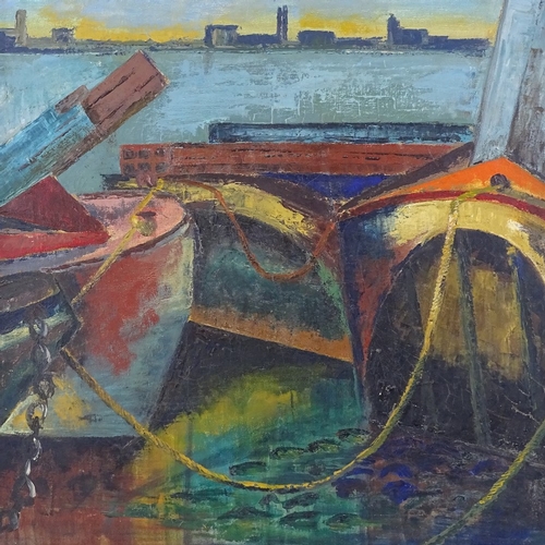 1258 - Sylvia Hogg, oil on canvas, lighters at Woolwich, 22