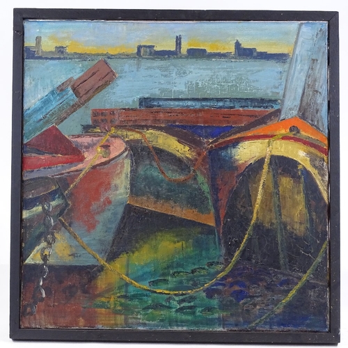 1258 - Sylvia Hogg, oil on canvas, lighters at Woolwich, 22