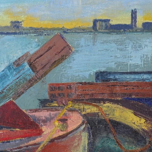 1258 - Sylvia Hogg, oil on canvas, lighters at Woolwich, 22