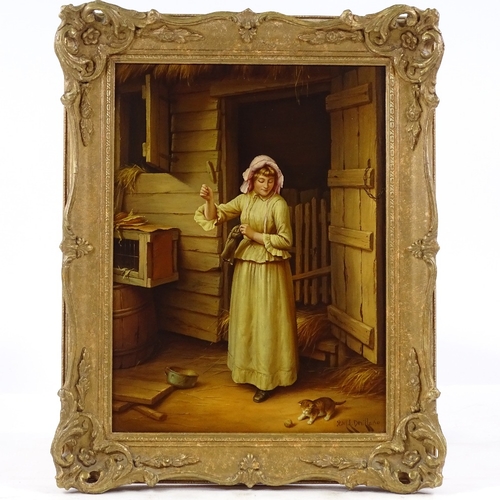 1272 - Rene Devillario (1874 - 1942), oil on wood panel, woman and kitten beside a barn door, signed, 15.5