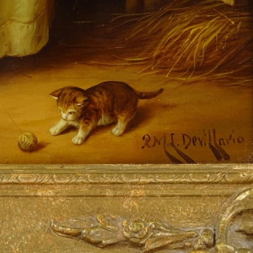 1272 - Rene Devillario (1874 - 1942), oil on wood panel, woman and kitten beside a barn door, signed, 15.5