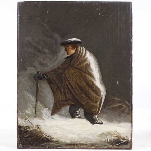 1277 - 19th century Scottish School, oil on canvas laid on wood panel, Highlander in a snowstorm, unsigned,... 