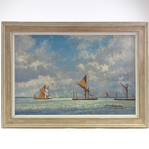 1289 - Hugh Boycott Brown, oil on board, shipping on the Medway, signed, 20