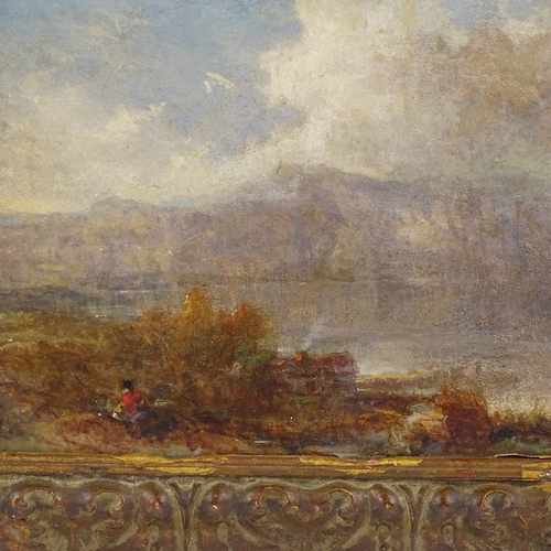 1291 - 19th century oil on wood panel, misty landscape, unsigned, 9