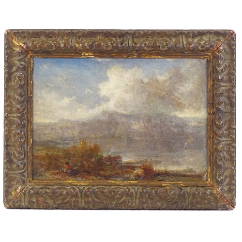 1291 - 19th century oil on wood panel, misty landscape, unsigned, 9